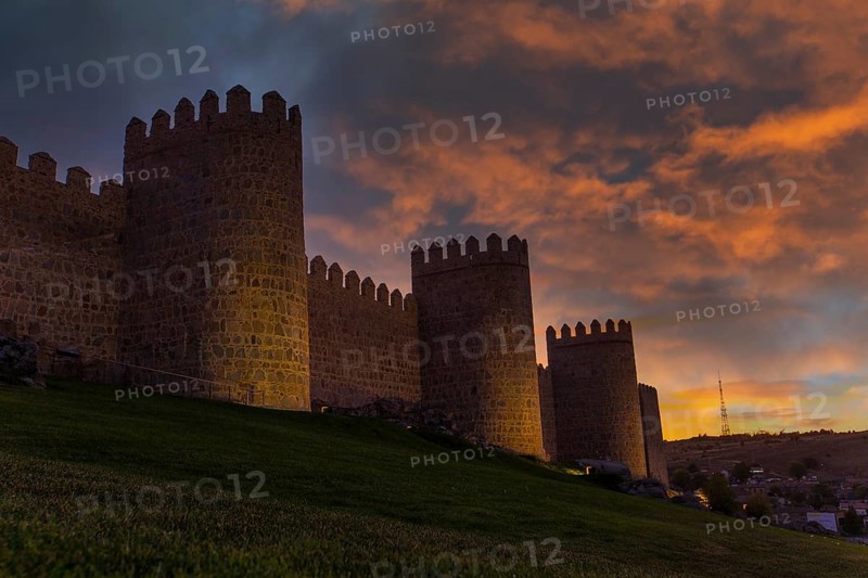 Avila city wall one afternoon with a beautiful sunset, Spain, Europe
