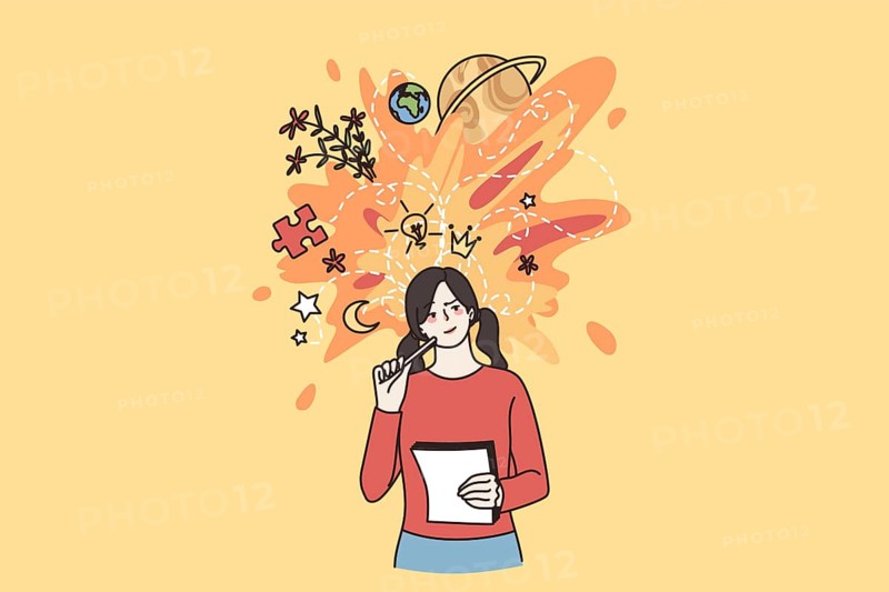 Young woman hold paper think or visualize ideas, brainstorm contemplating. Millennial girl student write in notebook, engaged in creative thinking. Inspiration, visualization. Vector illustration