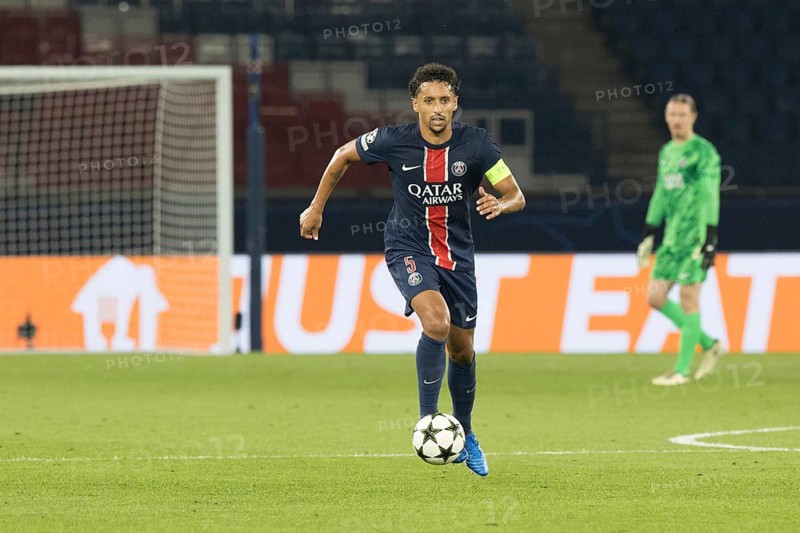 Football match, captain MARQUINHOS Paris St. Germain on the ball, Parc des Princes football stadium, Paris