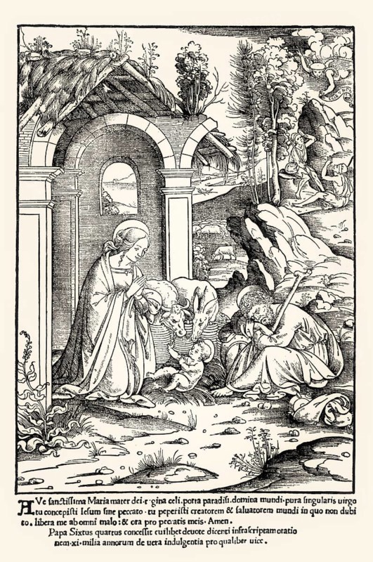 The Adoration of Child Jesus by Virgin Mary, Italian woodcut, 16th century