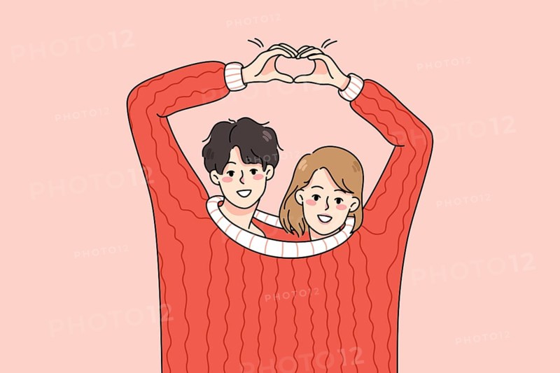 Cute happy couple lovers wearing one sweater make heart hand gesture. Smiling man and woman hug demonstrate love sign. Romance and relationship concept. illustration