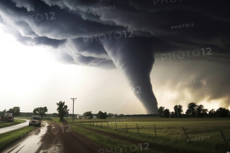A tornado moves with great destructive force over agricultural land, car on road, natural disaster, weather phenomenon, severe weather, AI generated