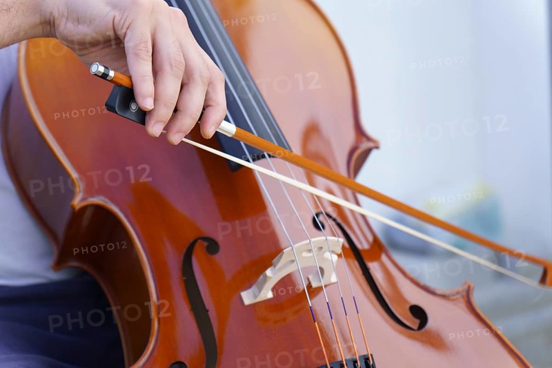 Hands of unrecognizable man playing the cello on a white background and copy space