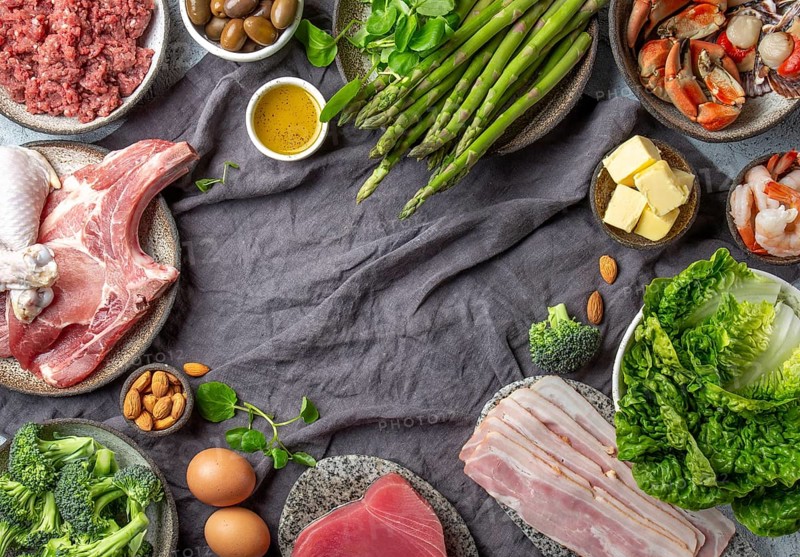 Food, Food, Vegetarian and animal protein, carb and fat sources. Low carbs and ketogenic diet. Healthy food background with copy space