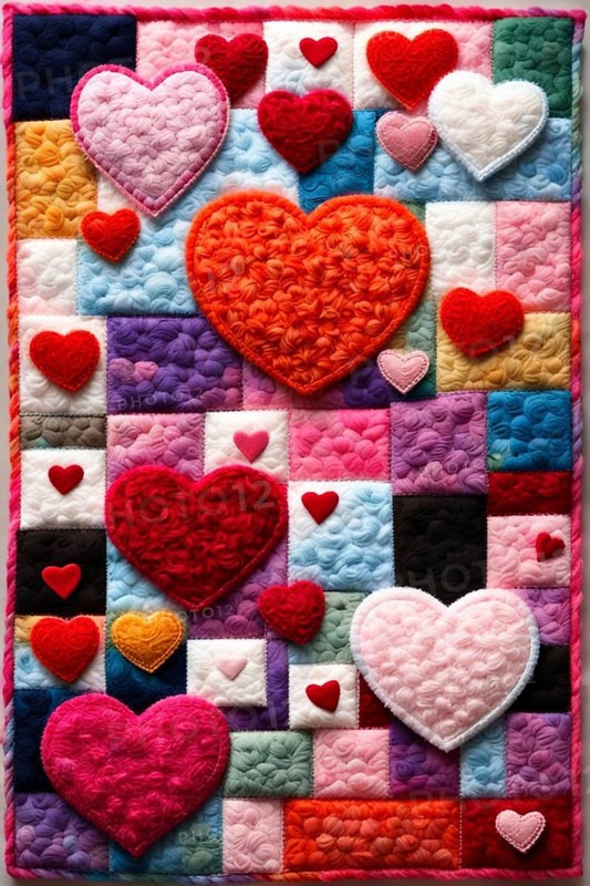 A handmade, cozy patchwork quilt of colorful hearts with various textures suggesting warmth and love, AI generated