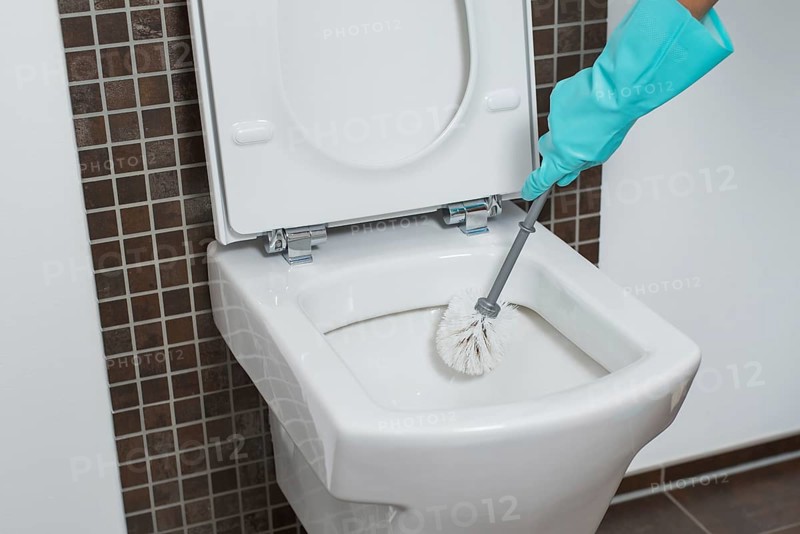Person wearing a turquoise rubber glove cleaning under the rim of a toilet bowl with a toilet brush to eradicate germs and bacteria during household cleaning