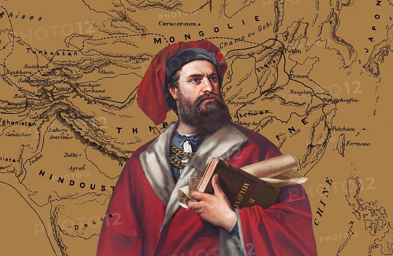 Marco Polo, c.?1254 –1324, an Italian merchant, explorer and writer, map of his travels, digital edited