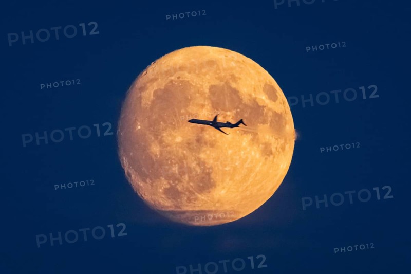 An aeroplane flies past in front of the yellow-orange full moon, Frankfurt am Main, Hesse, Germany, Europe