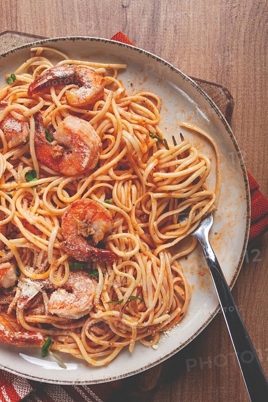 Food, Spaghetti with tiger prawns, in tomato sauce, homemade, top view, no people