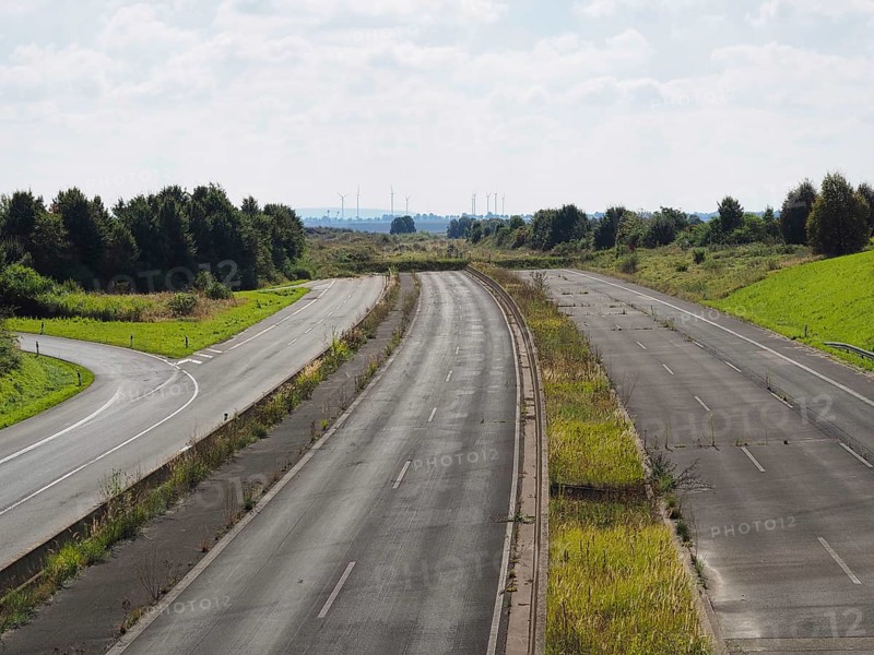 End of a motorway at the edge of the Garzweiler open-cast lignite mine, Rhenish lignite mining area, Germany, Europe