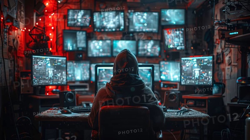 Hacker in dark hoodie facing multiple computer screens in his den, AI Generated, AI generated
