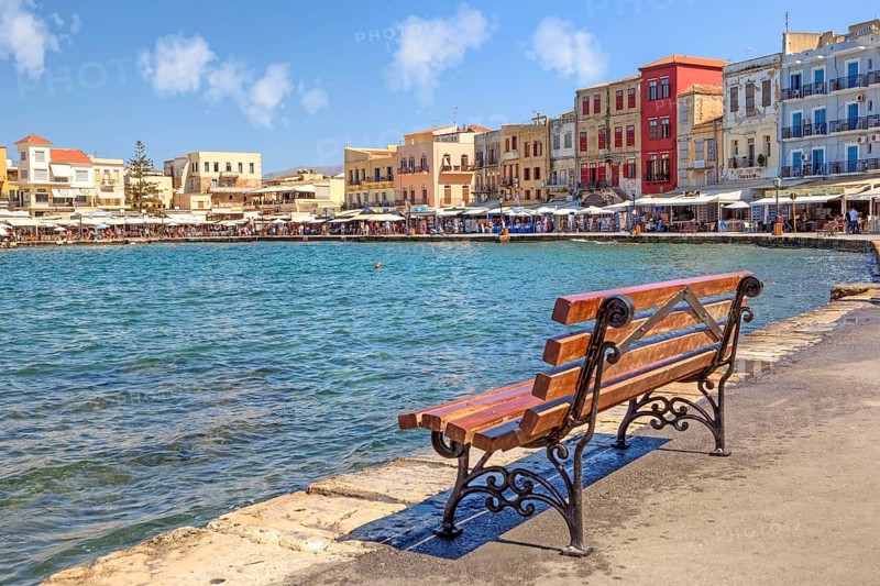 Venetian harbour, bench, Chania, Crete, bench, park bench, Greece, Europe