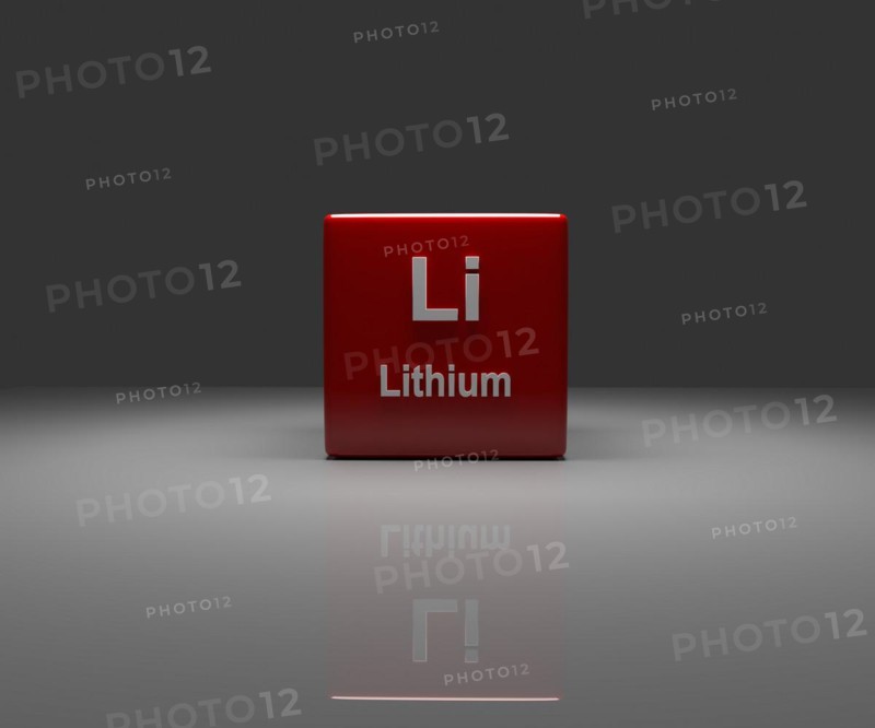 Red Cube with Li Lithium periodic system, 3d rendering