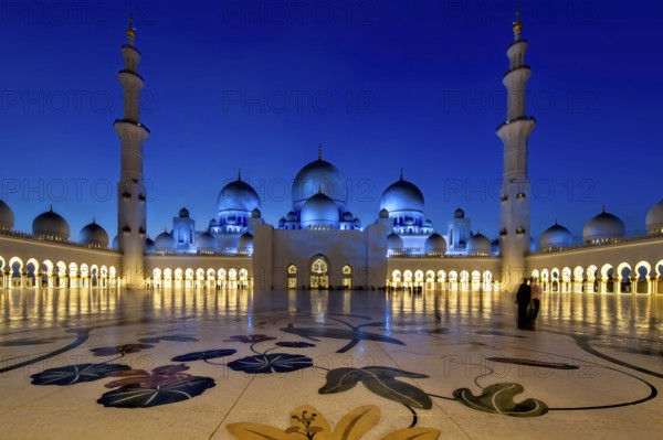 Abu Dhabi. United Arab Emirates. Sheikh Zayed Grand Mosque at dusk. January 2020