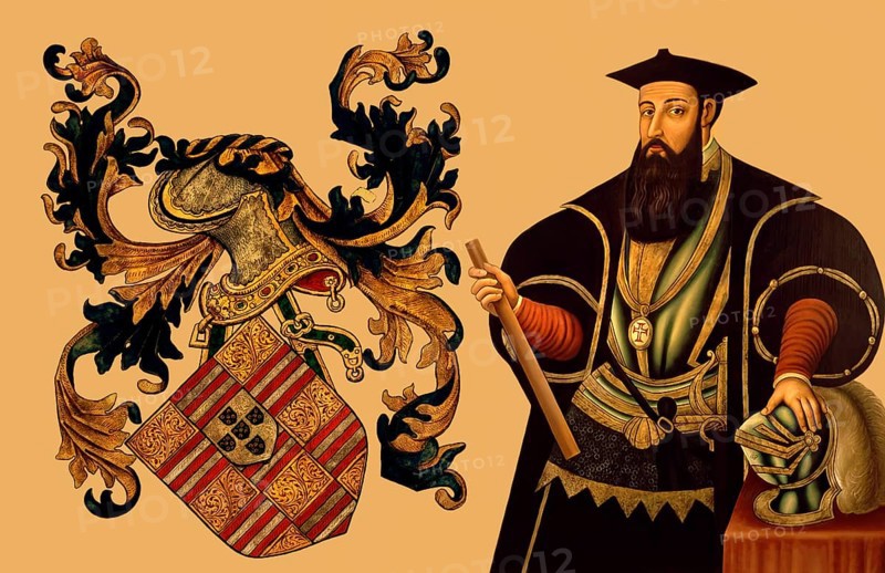 Coat of arms and portrait of Vasco da Gama, c. 1460s – 1524, Portuguese explorer, digitally edited