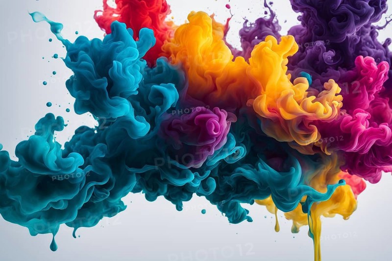 Dynamic abstract fluid art with colorful paint splashes in bright yellow, purple, and blue hues, AI generated