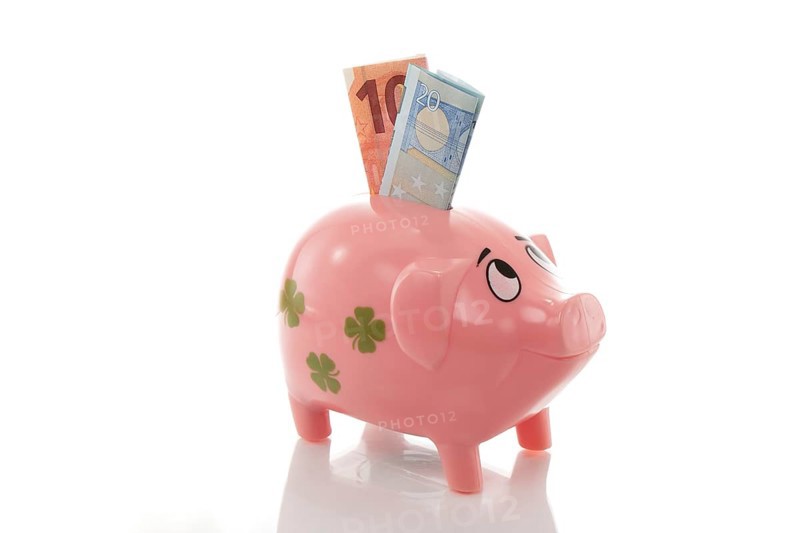 Pink piggy bank with euros on a white background
