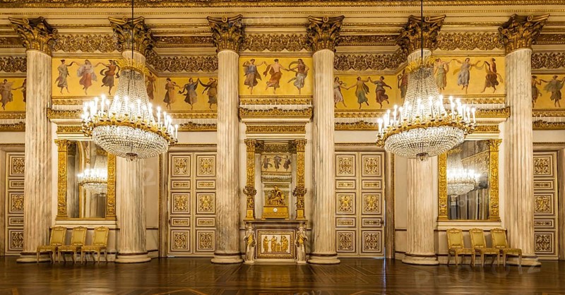 Turin, Italy, Circa January 2022: romantic old ballroom interior in Royal Palace, 1842, Europe