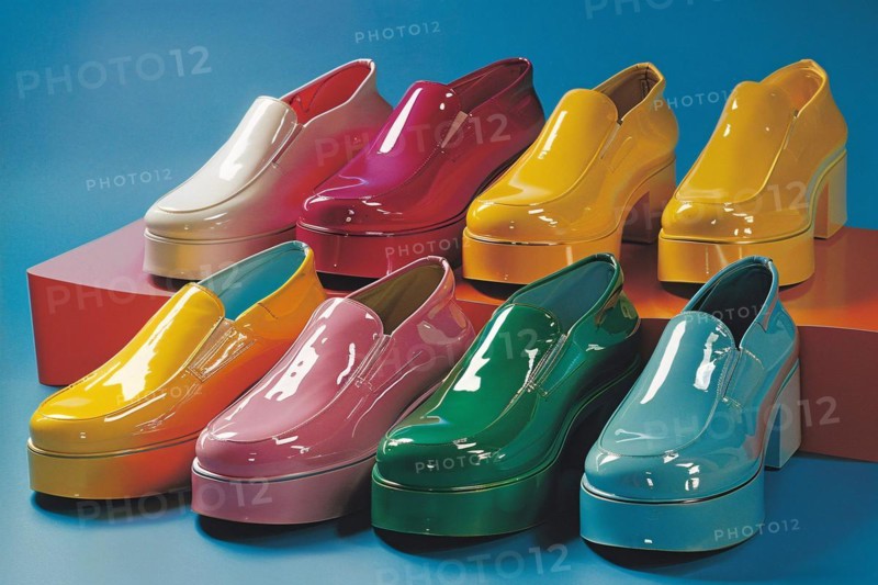 Collection of glossy retro platform shoes in vibrant colors, AI generated