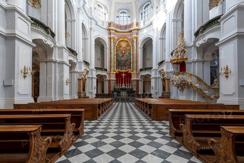 Interior view of St Trinitatis Cathedral, altar, nave, Dresden, Free State of Saxony, Germany, Europe