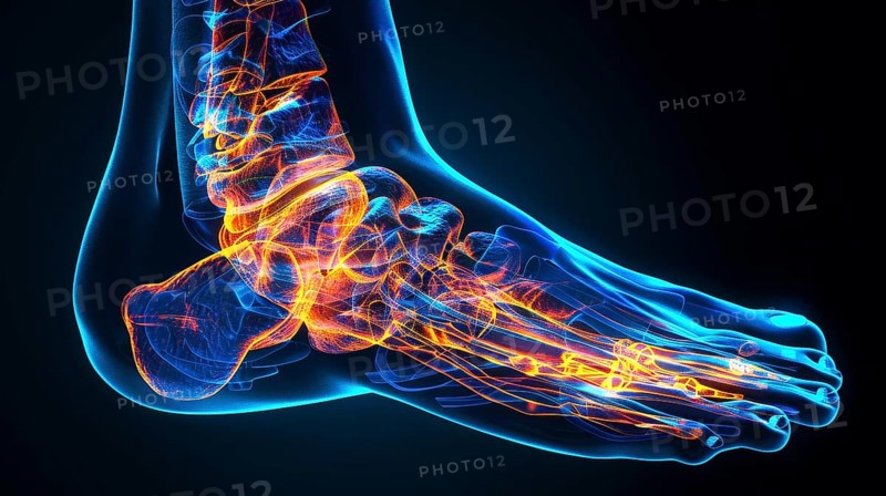 A glowing neon digital image of a foot's bones in blue and orange colors, representing a futuristic anatomical design, AI generated