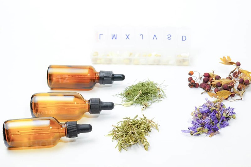 Group of various medicinal plants next to a box of pills isolated on white background and copy space, naturopathy concept.