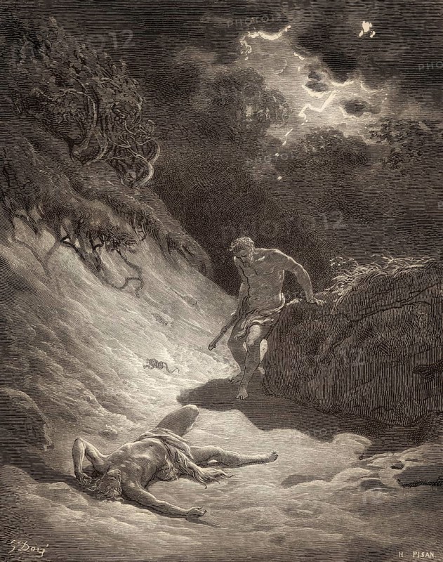 Cain slays Abel, Old Testament, woodcut by Gustave Doré