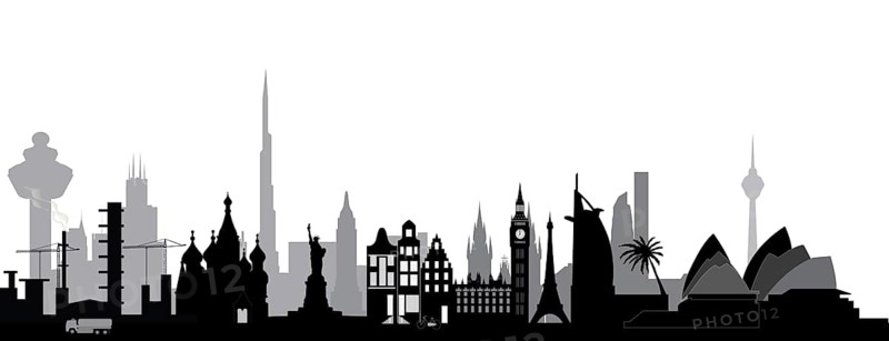 World skyline with architecture from around the globe as the big ben in london, the opera house sydney, soms canal houses amsterdam a mosk and the eifel tower paris
