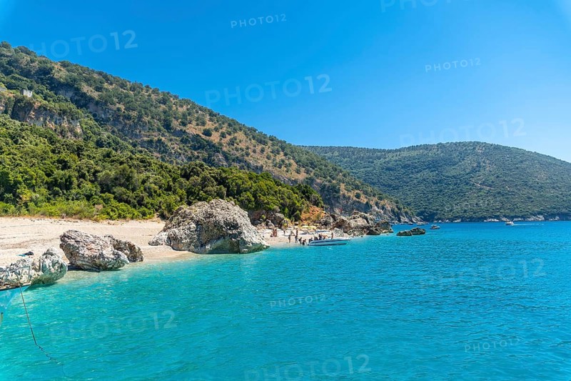 Paradise beach of Kroreza or Krorez from the boat on the Albanian riviera in Sarande, Albania, Europe