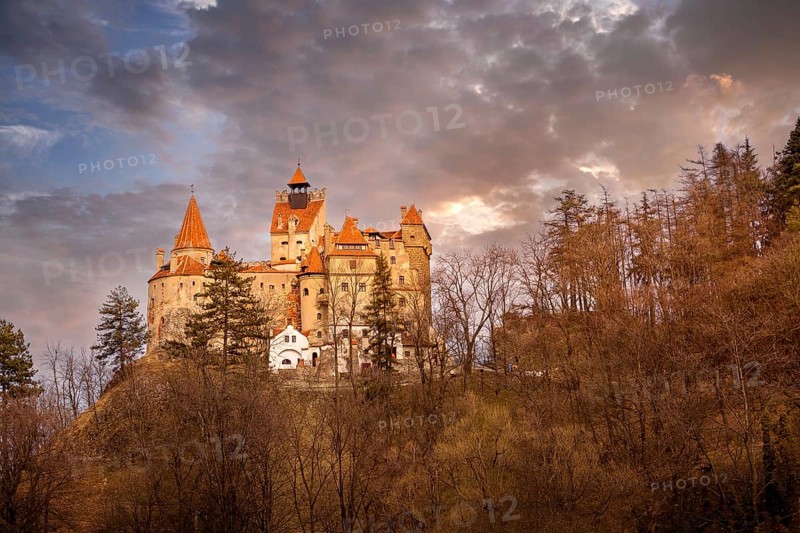 Beautiful panoramic view of Dracula Bran medieval castle in the sunset light, Transylvania, Romania, Europe
