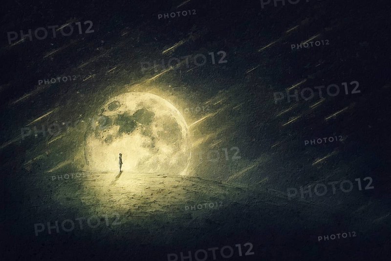Starfall painting of a surreal world and a person silhouette on a desolate land. Starry night with falling comets and full moon