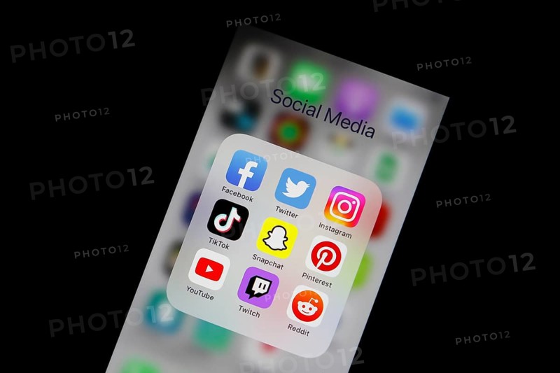Social media icon, detailed view of a smartphone with social media apps, Facebook, Twitter, Instagram, Tik Tok, Snapchat, Pinterest, YouTube, Twitch, Reddit, Germany, Europe