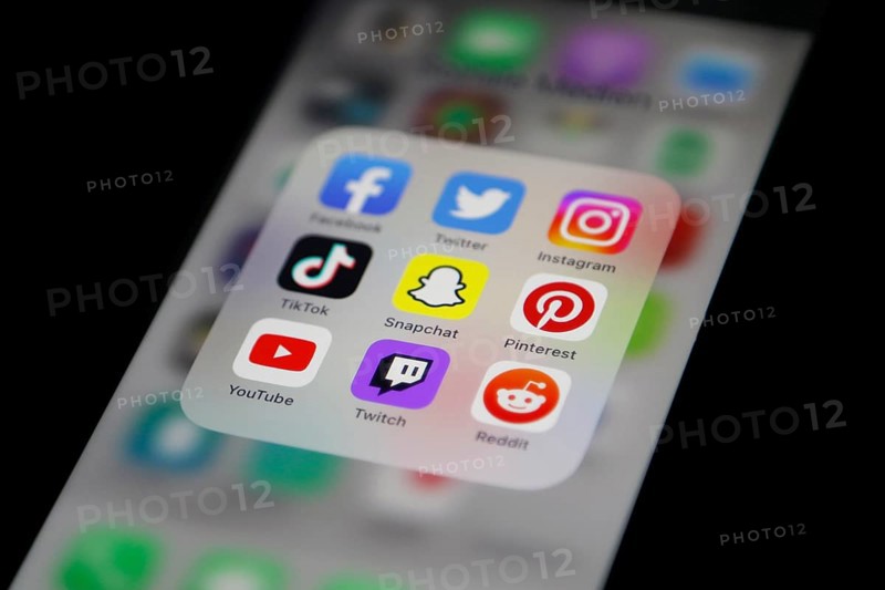 Social media icon, detailed view of a smartphone with social media apps, Facebook, Twitter, Instagram, Tik Tok, Snapchat, Pinterest, YouTube, Twitch, Reddit, Germany, Europe