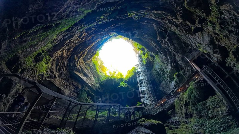 View of a large cave opening with stairs leading up, surrounded by lush greenery and rock formations, Gouffre de Padirac, cave, Occitanie, France, Europe