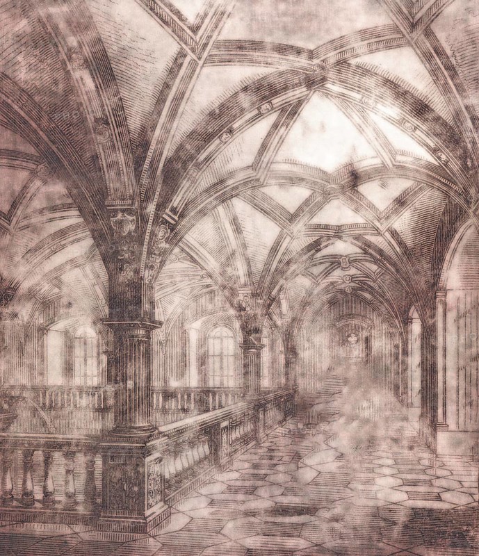 Gothic hallway with ornate architectural arches and columns, depicted in a monochrome sepia tone, emanating a mysterious atmosphere