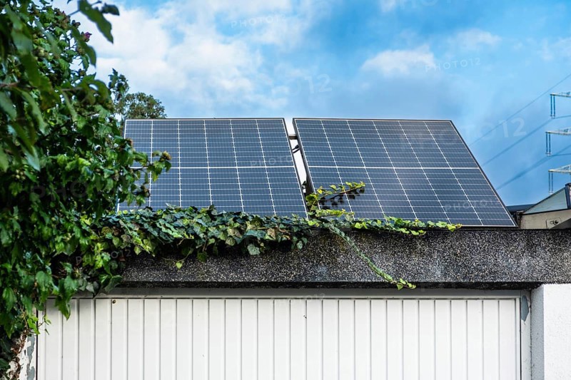 Solar panels on the garage roof in Essen, Germany, Europe