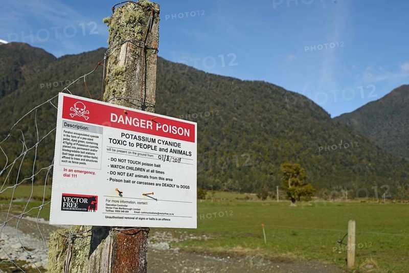 GREYMOUTH, NEW ZEALAND, SEPTEMBER 25, 2019: Signage warns people that Potassium Cyanide has been spread in baits to kill possums on the West Coast of New Zealand