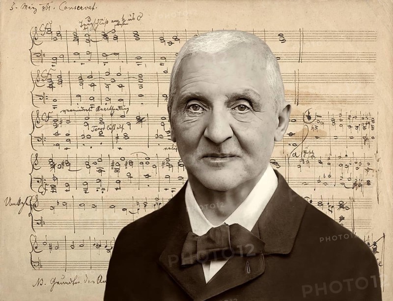 Portrait of Josef Anton Bruckner, 1824 – 1896, Austrian composer and organist, digital edited according to a photograph by Anton Huber, 1890, harmony and counterpoint exercises handwritten by Bruckner