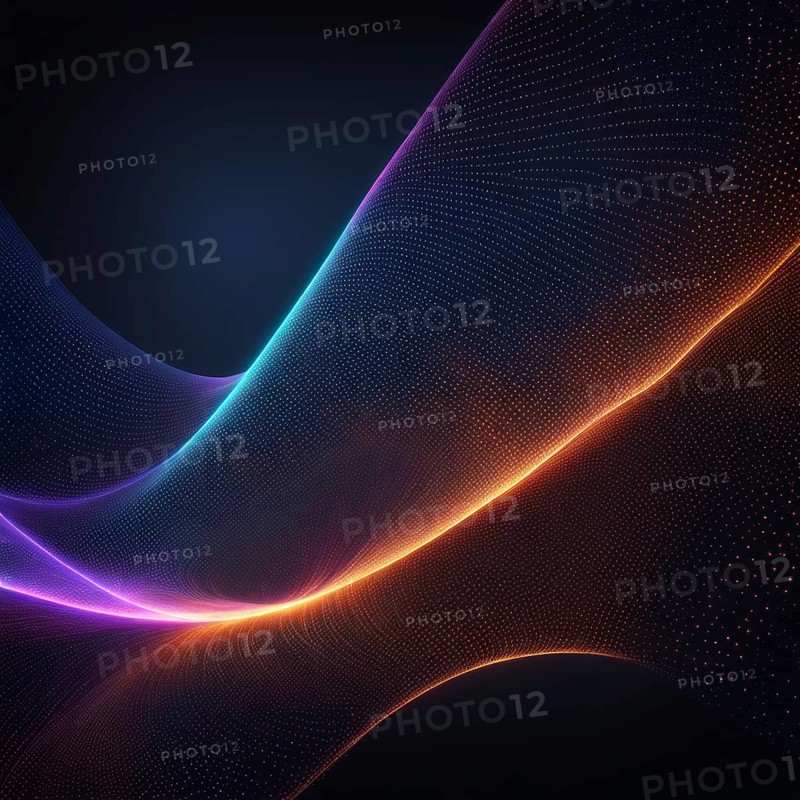Digital artwork with a harmonious blend of neon purple, orange, and blue waves with light dots, Fire Particles, AI generated