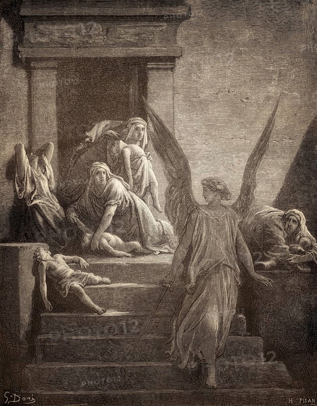 The tenth Plague: Death of Egyptians' firstborn children, woodcut by Gustave Doré