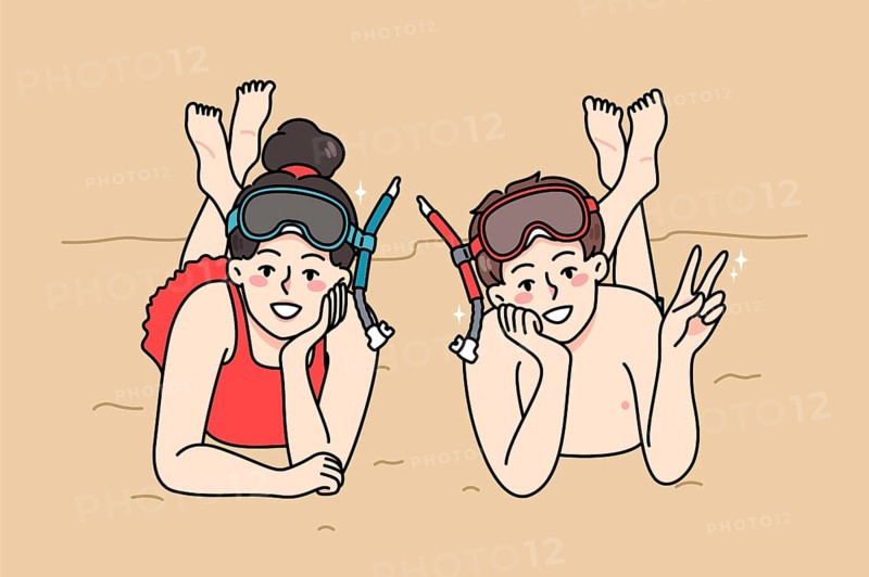 Portrait of smiling small children in snorkeling mask lying relaxing on beach enjoy summer vacation. Happy teen kids rest during summertime sea holidays. Travel and tourism. illustration