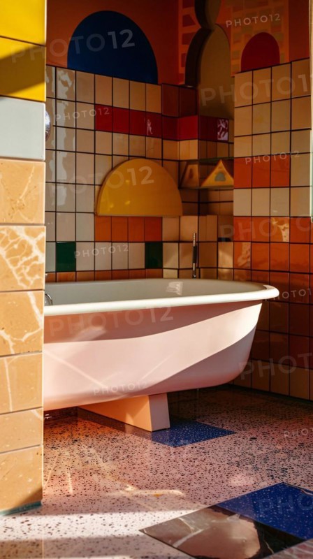 Playful and colorful bathroom design with modern tiles and a ceramic bathtub, architecture, Brutalism, AI generated