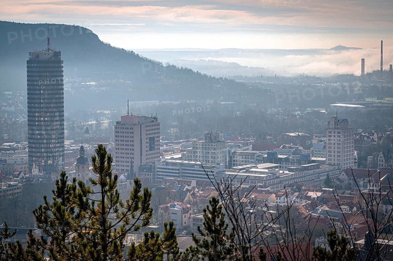 View of the city of Jena with the Jentower (Uniturm) and the Kernberge in the background, in low fog in the morning, Jena, Thuringia, Germany, Europe