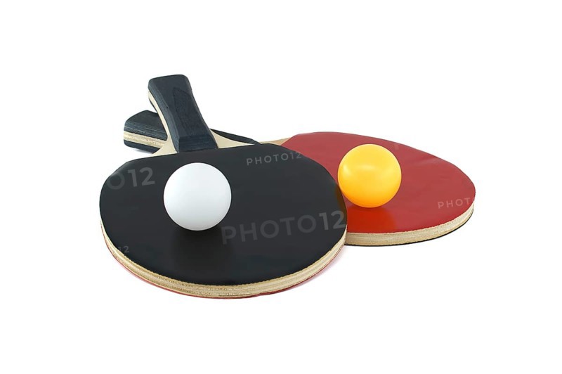 Pair of table tennis rackets and a table tennis balls isolated on white background, table tennis equipment