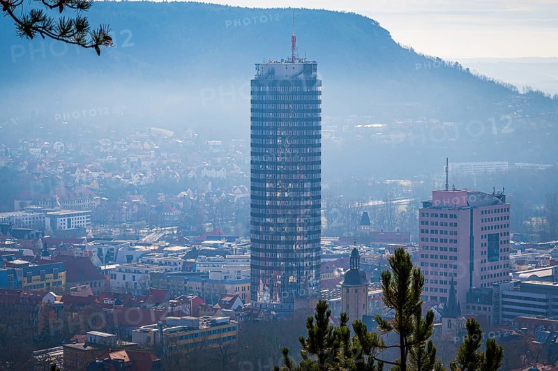 View of the city of Jena with the Jentower (Uniturm) and the Kernberge in the background, in low fog in the morning, Jena, Thuringia, Germany, Europe