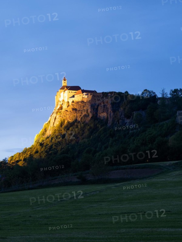 Illuminated Riegersburg Castle, blue hour, Styrian volcano country, Styria, Austria, Europe
