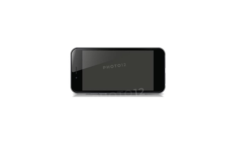 A black sleek smartphone with a touchscreen and a slight reflection on a white background