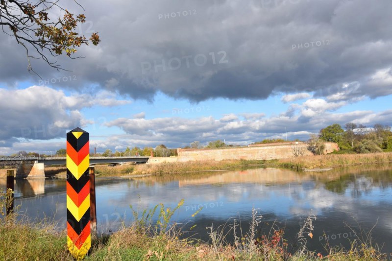 View from Küstrin-Kietz to the fortress and the Oder bridge. View over the river Oder between Poland and Germany in Küstrin