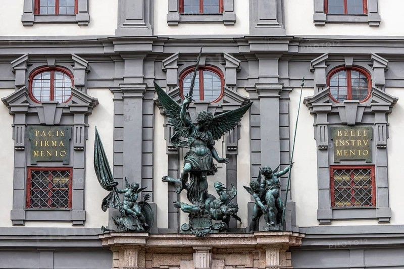 Baroque façade of the Zeughaus with St Michael's Group on Zeugplatz in the old town centre of Augsburg, Augsburg, Swabia, Bavaria, Germany, Europe