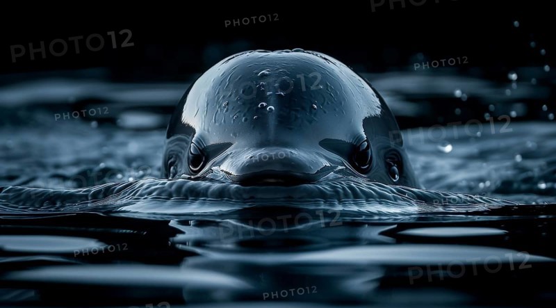 Monochrome close-up of a vaquita porpoise (Phocoena sinus) or cochito head emerging from water, ai generated, AI generated